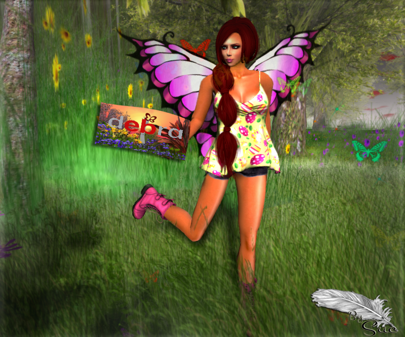Top/haut: *DaneMarkZ - Nanette wearable demo ; Skin/Peau: *Style by Kira, Jaqui gift ; Wings/Ailes: *LunaSea, pink Butterfly wings gift ;  Boots: **Phunk, Combat boots.  Pose by Morgane Batista Poses- Easter 2013 pose 3. Model/Photographer: Sue Moonwall